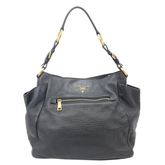 Prada Handbags - Prada Vitello Daino Front Zip Leather Hobo Bag Black